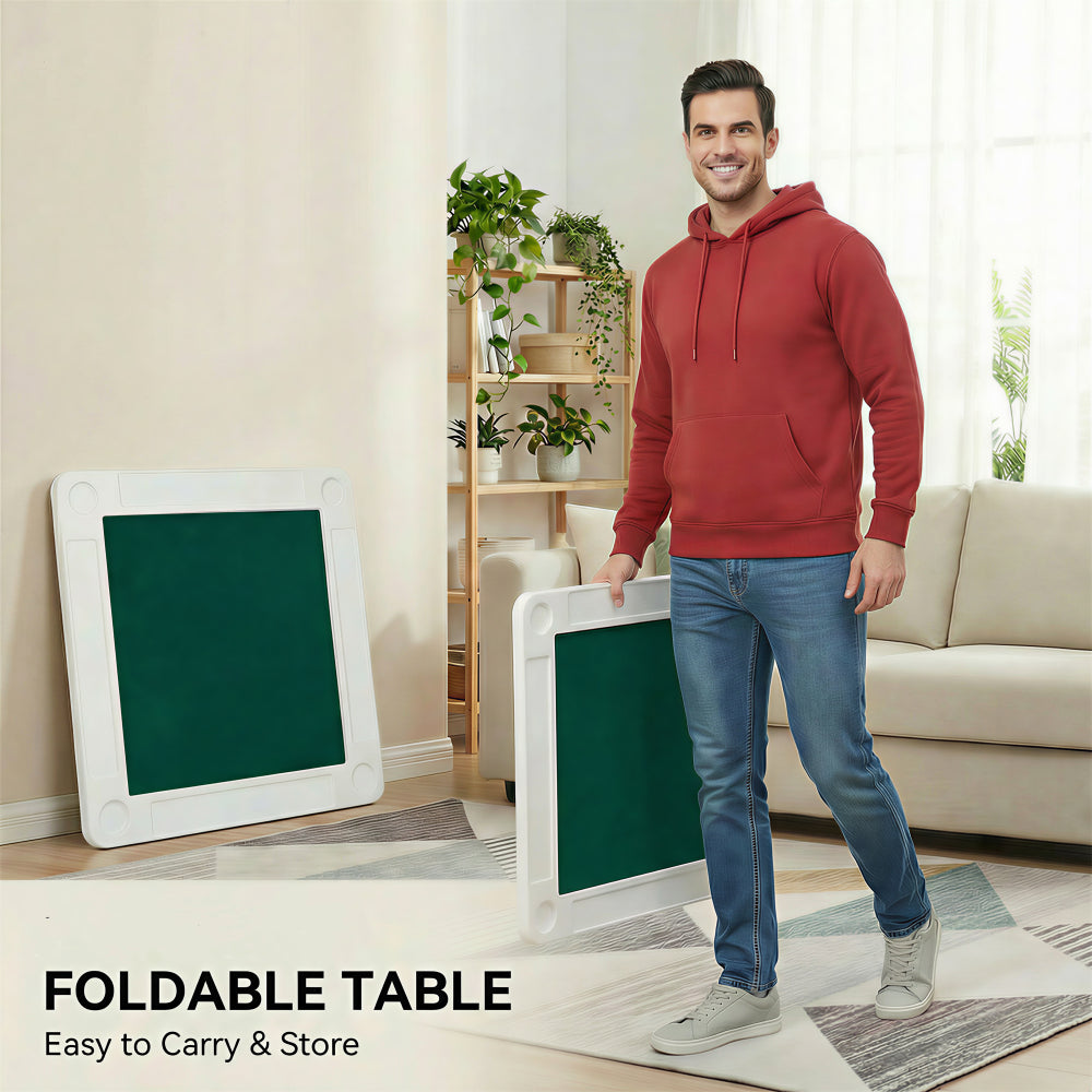 Square Folding Card Table 35" Mahjong Table with Green Felt, Chip Trays & Cup Holders - Portable Game Table for 4 Players for Poker, Dominoes - Durable White Frame
