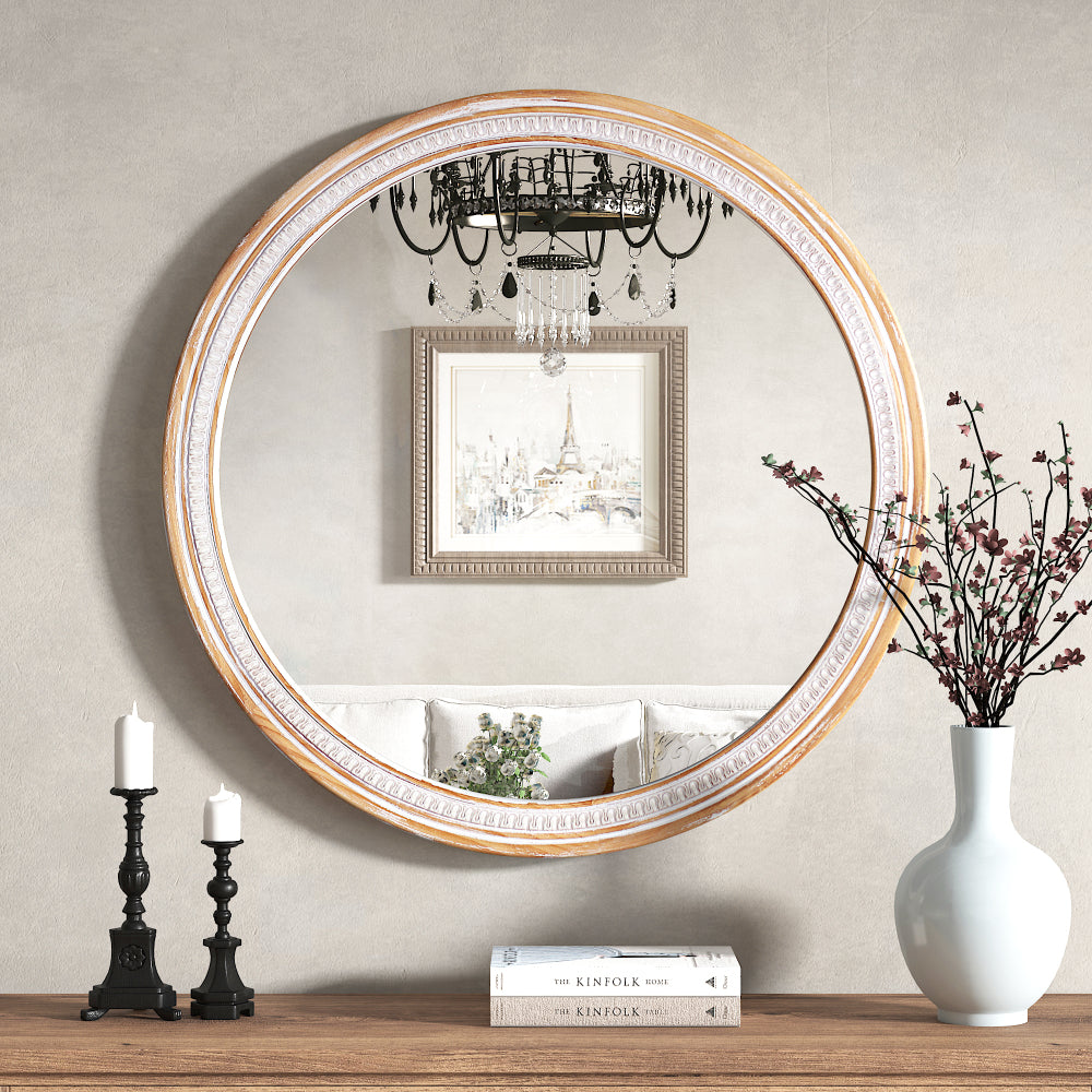 30" Round Solid Wood Farmhouse Wall Mirror,Rustic Boho Circle Decorative Mirrors for Bathroom,Shabby Chic Wall Mounted Mirror for Bathroom Vanity Living Room Entryway