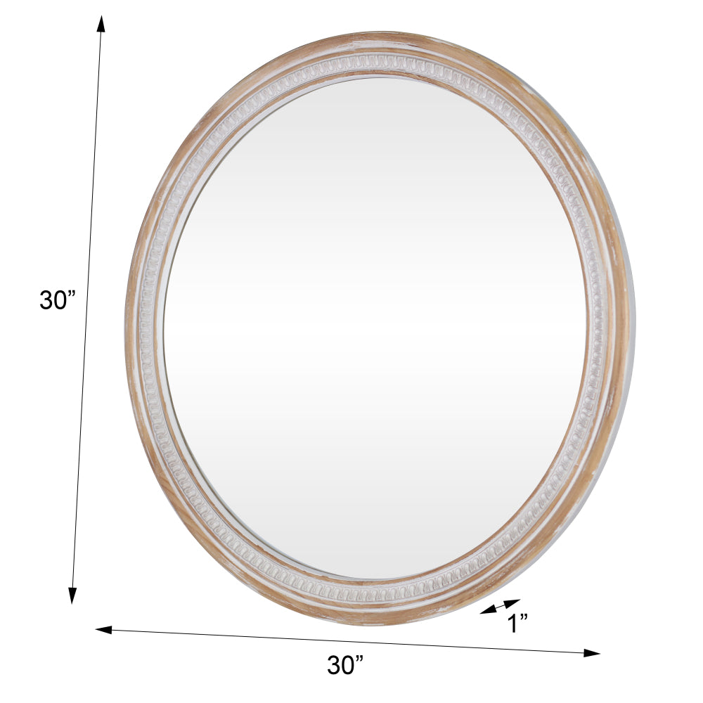 30" Round Solid Wood Farmhouse Wall Mirror,Rustic Boho Circle Decorative Mirrors for Bathroom,Shabby Chic Wall Mounted Mirror for Bathroom Vanity Living Room Entryway