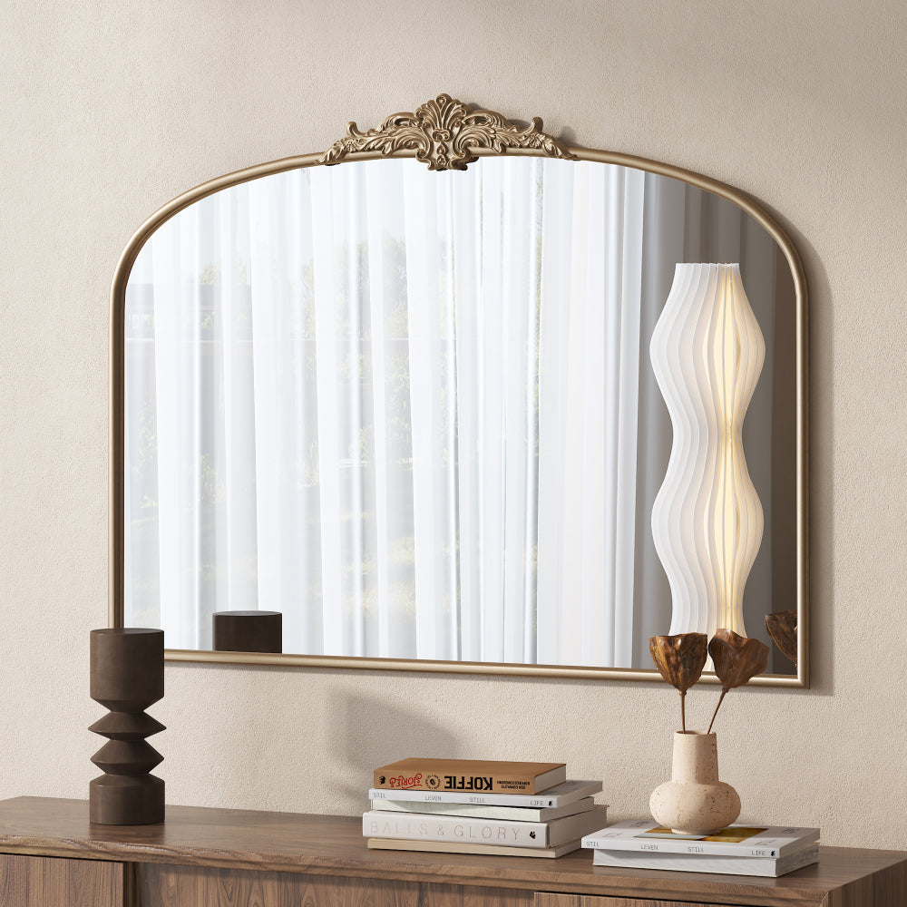 Vintage Arched Gold Mirror: 40"x30" Arched Antique Brass Mirror with Full Metal Frame Baroque Traditional Ornate for Entryway,Fireplace, Living Room, Hallway