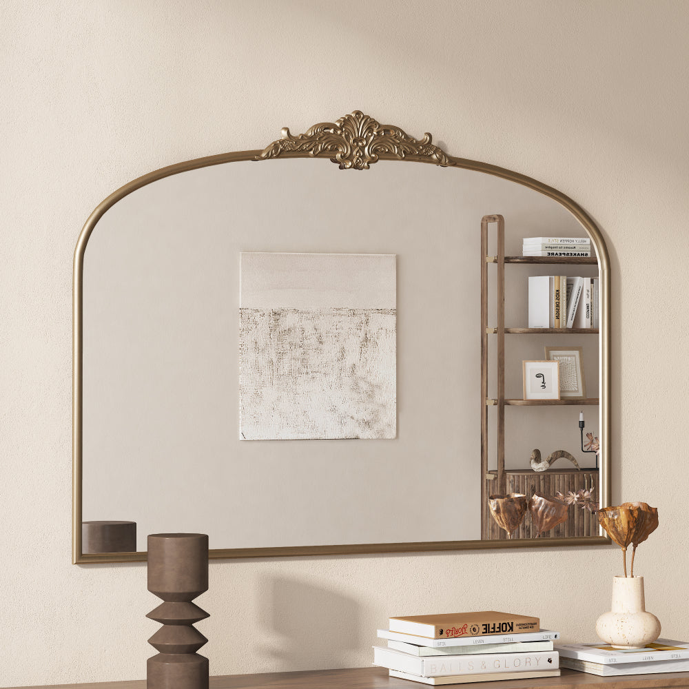 Vintage Arched Gold Mirror: 40"x30" Arched Antique Brass Mirror with Full Metal Frame Baroque Traditional Ornate for Entryway,Fireplace, Living Room, Hallway
