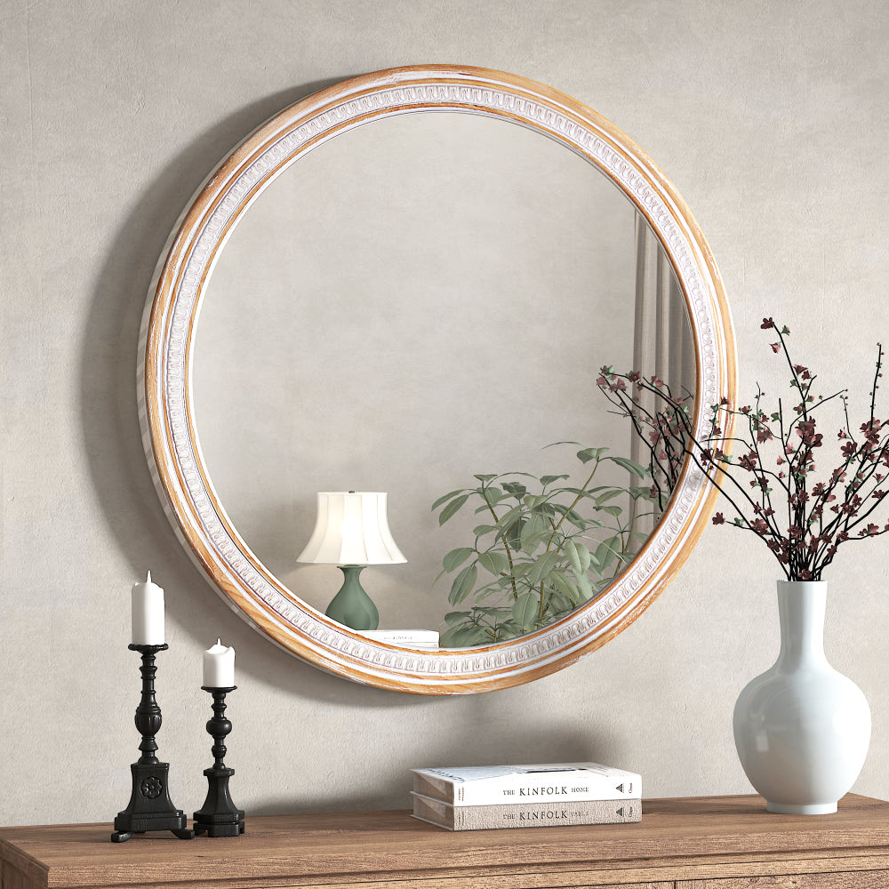 30" Round Solid Wood Farmhouse Wall Mirror,Rustic Boho Circle Decorative Mirrors for Bathroom,Shabby Chic Wall Mounted Mirror for Bathroom Vanity Living Room Entryway