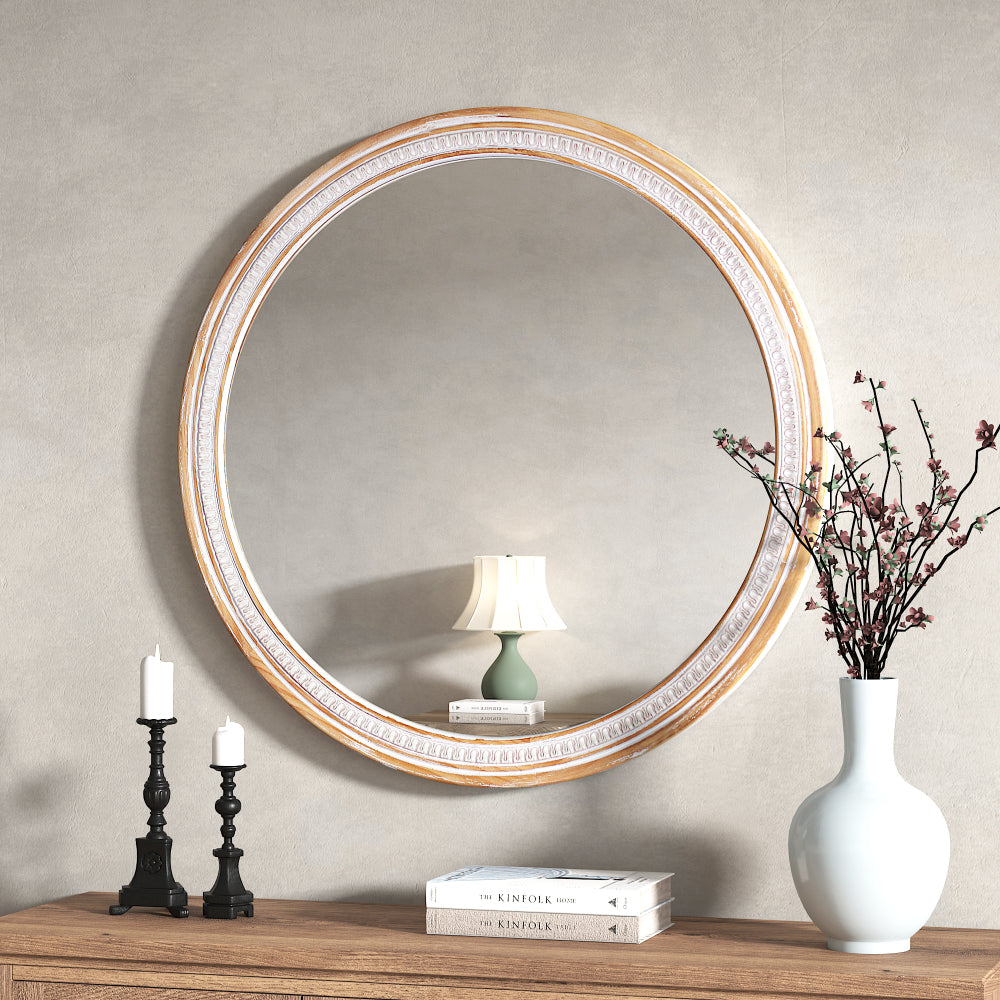 30" Round Solid Wood Farmhouse Wall Mirror,Rustic Boho Circle Decorative Mirrors for Bathroom,Shabby Chic Wall Mounted Mirror for Bathroom Vanity Living Room Entryway
