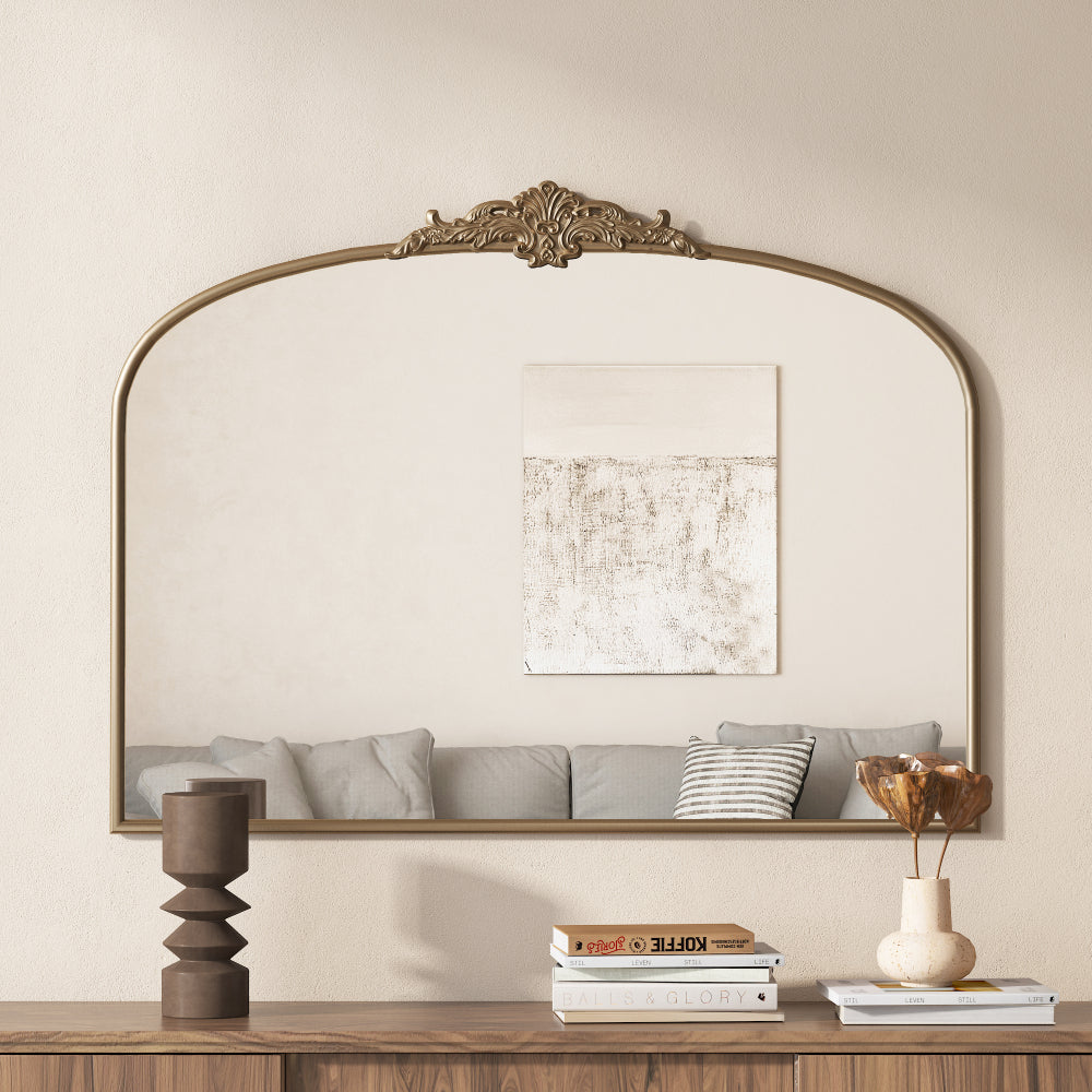 Vintage Arched Gold Mirror: 40"x30" Arched Antique Brass Mirror with Full Metal Frame Baroque Traditional Ornate for Entryway,Fireplace, Living Room, Hallway