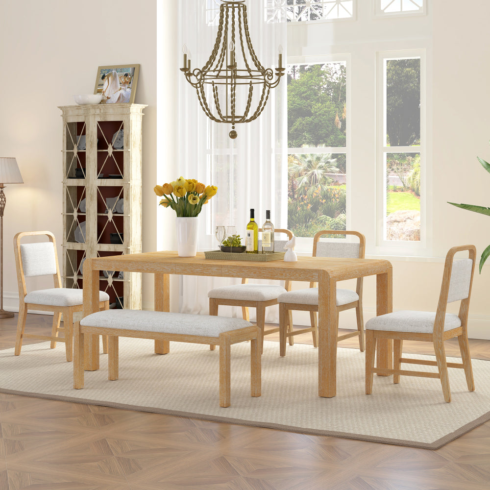 Vintage Extendable Dining Table Set for 4-6 with 4 Upholstered Chairs and 1 Bench, Rustic Wire Brushed Kitchen Table Set with Curved Design for Dining Room and Kitchen (Natural)