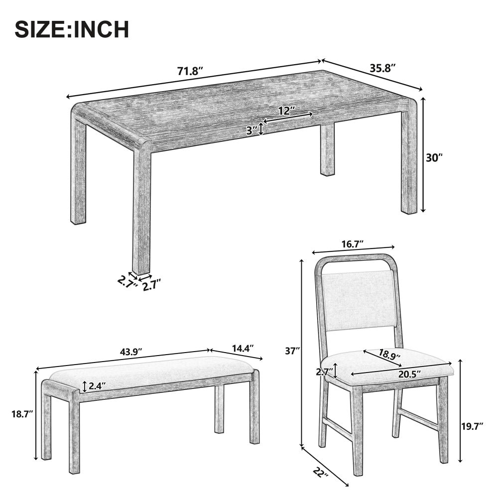 Vintage Extendable Dining Table Set for 4-6 with 4 Upholstered Chairs and 1 Bench, Rustic Wire Brushed Kitchen Table Set with Curved Design for Dining Room and Kitchen (Natural)