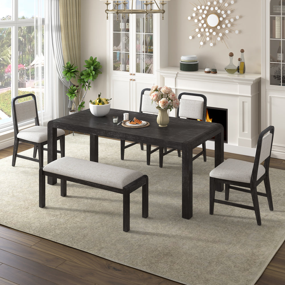 Vintage Extendable Dining Table Set for 4-6, 60-72 inch Rustic Kitchen Table with 4 Upholstered Chairs and Bench, Wire Brushed Solid Wood Dining Room Furniture Set for Small Spaces, Espresso