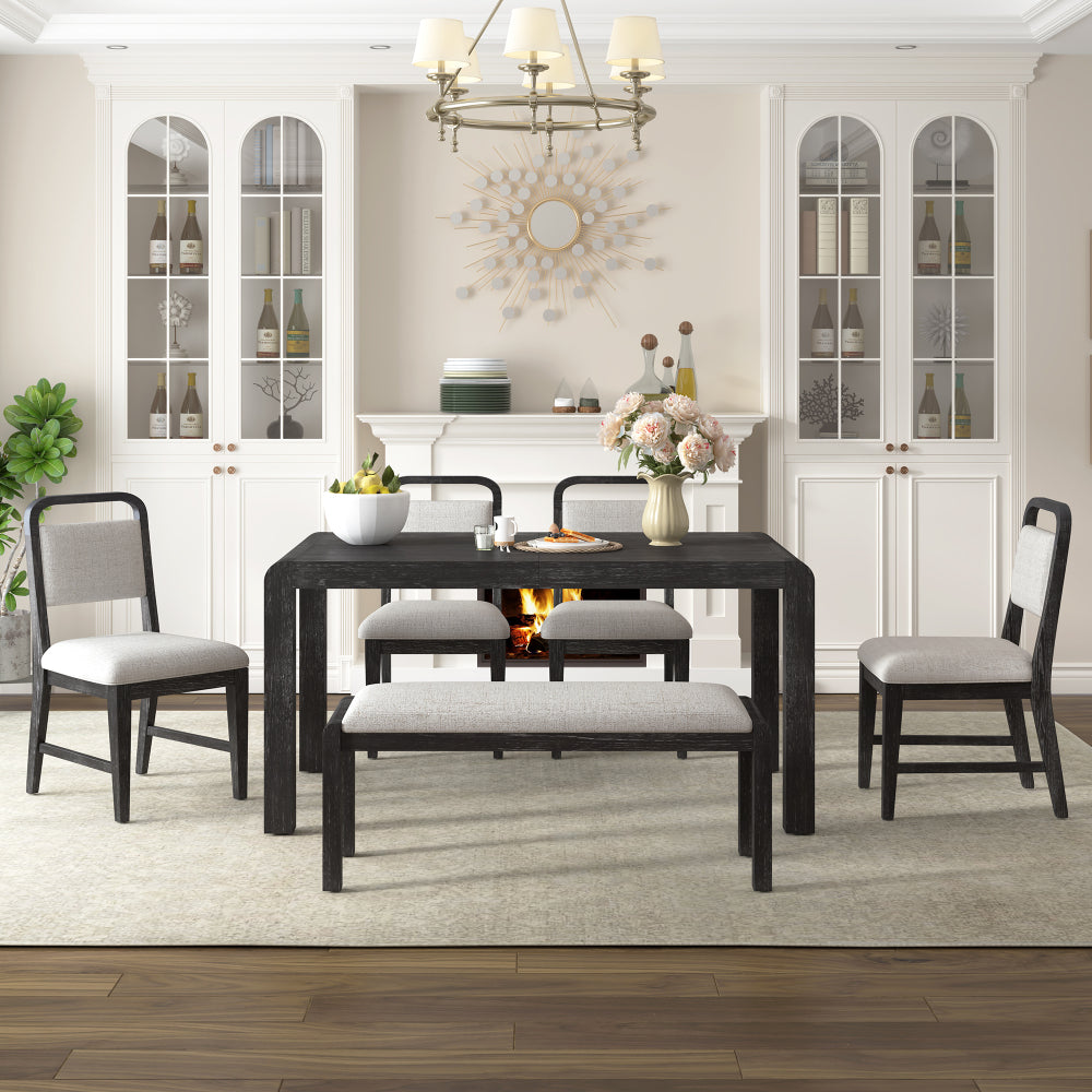 Vintage Extendable Dining Table Set for 4-6, 60-72 inch Rustic Kitchen Table with 4 Upholstered Chairs and Bench, Wire Brushed Solid Wood Dining Room Furniture Set for Small Spaces, Espresso