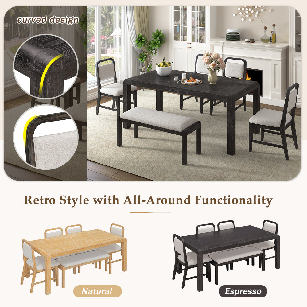 Vintage Extendable Dining Table Set for 4-6, 60-72 inch Rustic Kitchen Table with 4 Upholstered Chairs and Bench, Wire Brushed Solid Wood Dining Room Furniture Set for Small Spaces, Espresso
