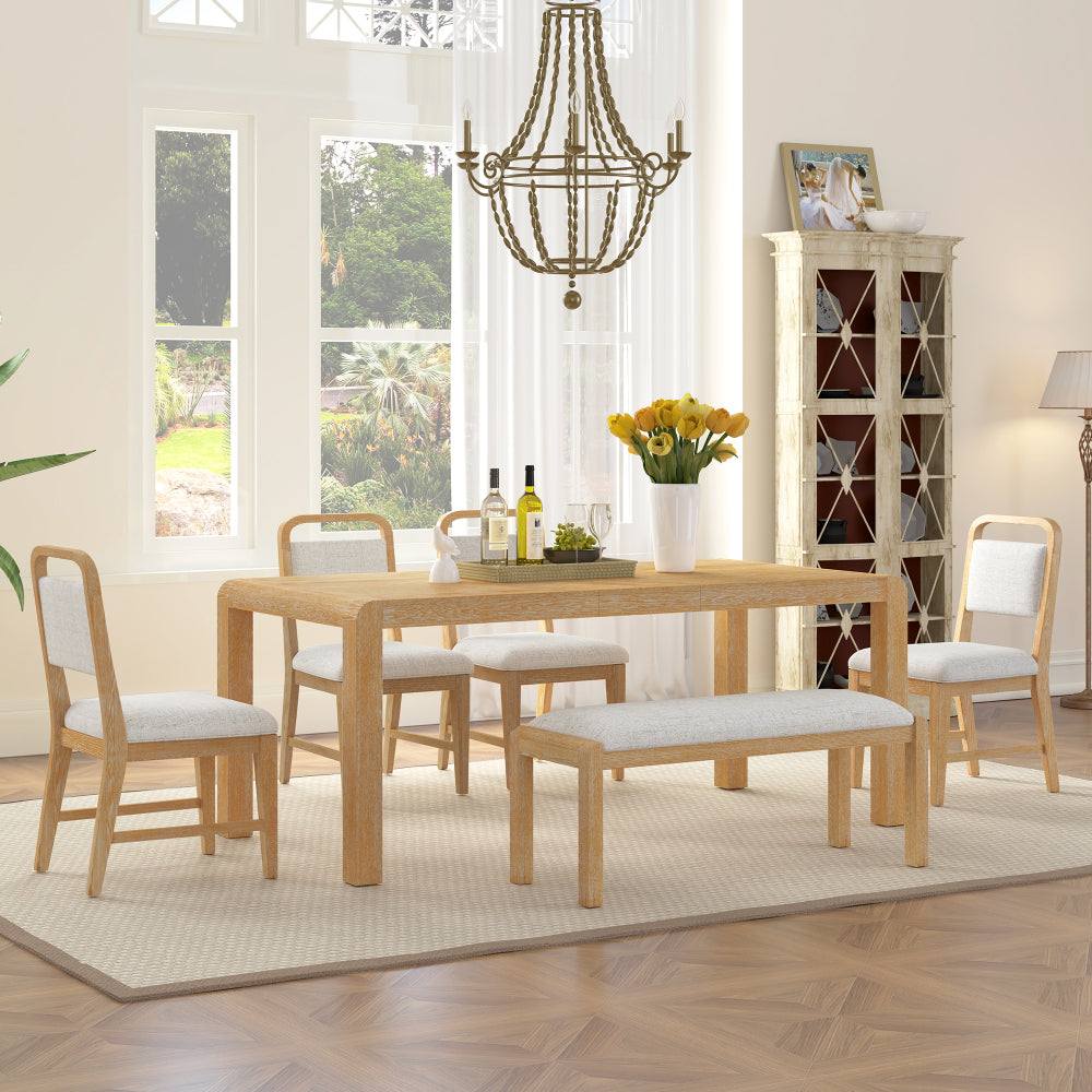 Vintage Extendable Dining Table Set for 4-6 with 4 Upholstered Chairs and 1 Bench, Rustic Wire Brushed Kitchen Table Set with Curved Design for Dining Room and Kitchen (Natural)