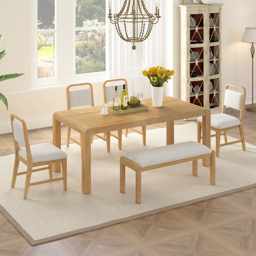 Vintage Extendable Dining Table Set for 4-6 with 4 Upholstered Chairs and 1 Bench, Rustic Wire Brushed Kitchen Table Set with Curved Design for Dining Room and Kitchen (Natural)