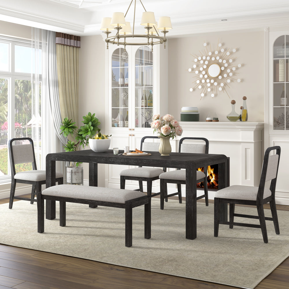 Vintage Extendable Dining Table Set for 4-6, 60-72 inch Rustic Kitchen Table with 4 Upholstered Chairs and Bench, Wire Brushed Solid Wood Dining Room Furniture Set for Small Spaces, Espresso