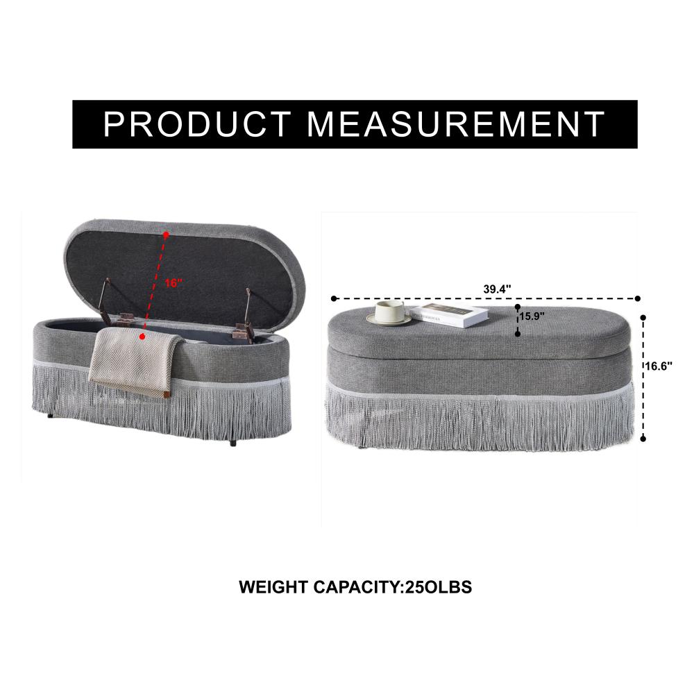 Oval Upholstered Storage Ottoman with Fringe Trim & Lift-Top Lid - 39"L x 16"W x 17"H, Multi-Functional Footrest & Hidden Storage for Living Room or Bedroom - Grey Fabric with Metal Frame