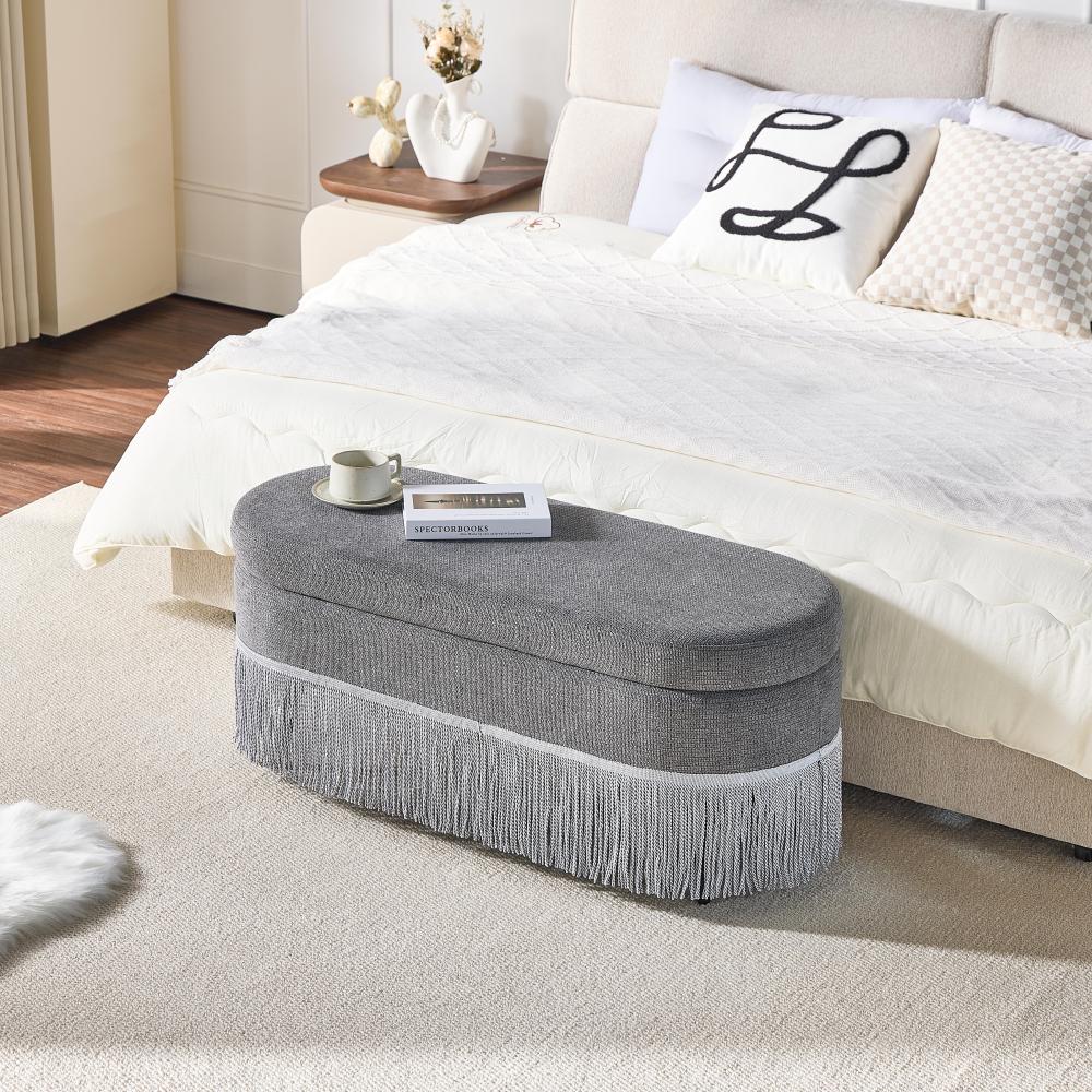 Oval Storage Ottoman with Fringe Trim, 39.4" Modern Upholstered Footrest, Lift-Top Lid for Hidden Storage, Multi-Functional Bench for Small Space Living Room or Bedroom, Grey Fabric
