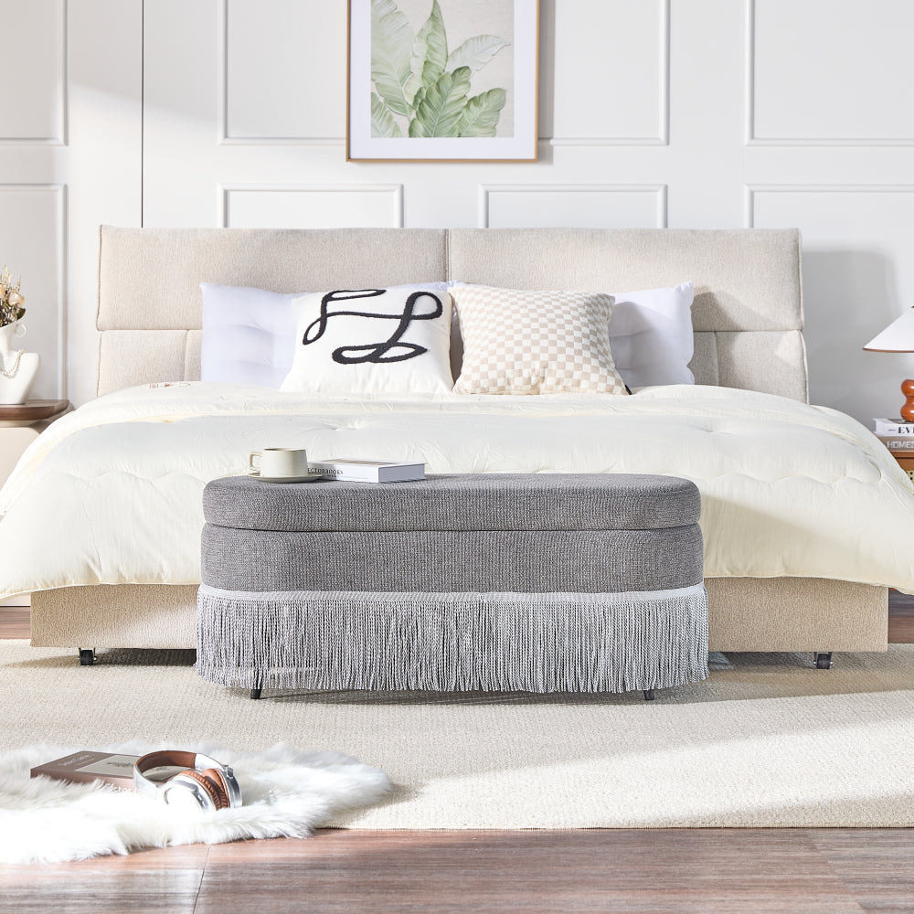 Oval Storage Ottoman with Fringe Trim, 39.4" Modern Upholstered Footrest, Lift-Top Lid for Hidden Storage, Multi-Functional Bench for Small Space Living Room or Bedroom, Grey Fabric