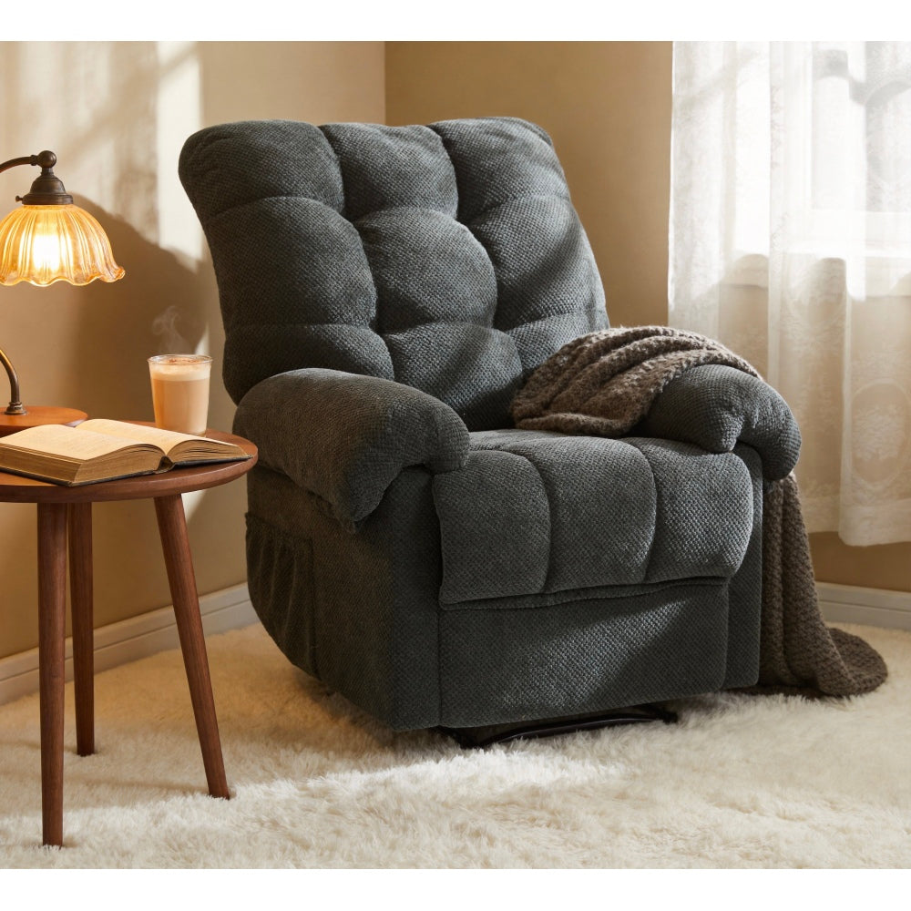 Dark Gray Manual Recliner Chair, Overstuffed Fabric Armchair with Padded Footrest, Ergonomic Lounge Chair for Living Room, Home Theater Seating, Reading Chair, Soft & Comfortable, Modern American Design