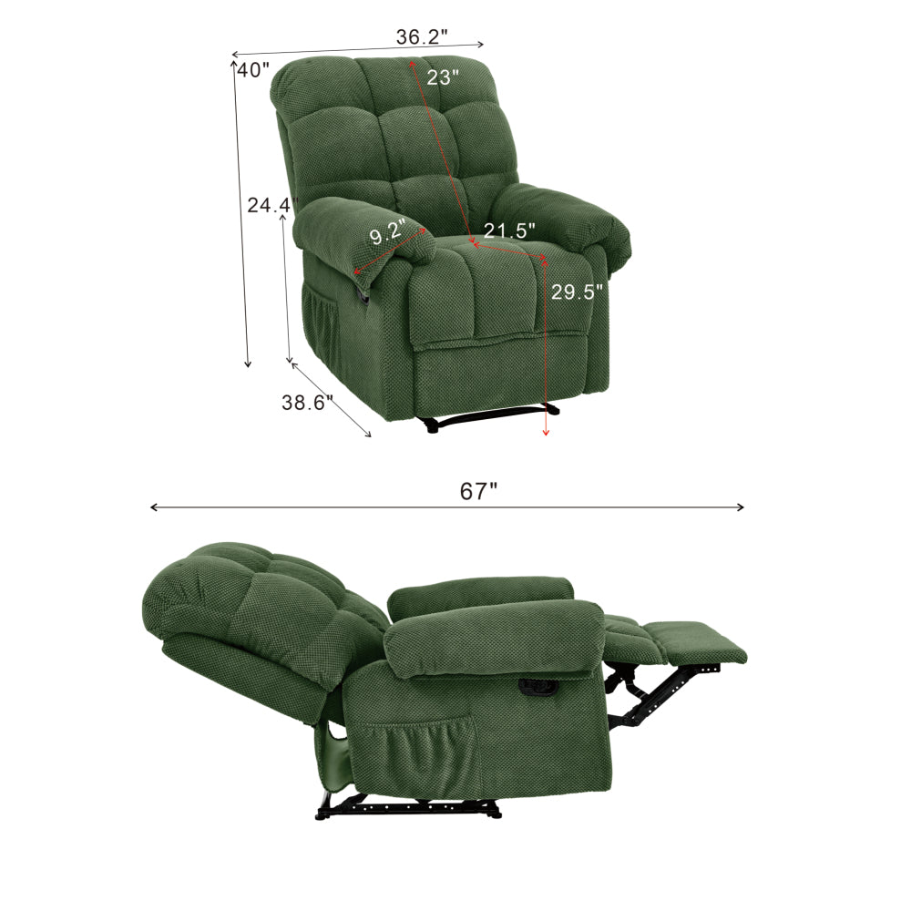 Green Recliner Chair, Overstuffed Armchair with Padded Footrest, Manual Reclining Living Room Seating, Ergonomic Reading Chair with Plush Fabric & Lumbar Support, Home Theater Lounge Furniture, Army Green