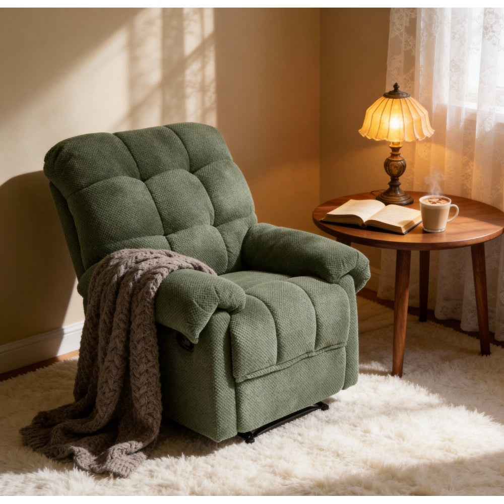 Green Recliner Chair, Overstuffed Armchair with Padded Footrest, Manual Reclining Living Room Seating, Ergonomic Reading Chair with Plush Fabric & Lumbar Support, Home Theater Lounge Furniture, Army Green