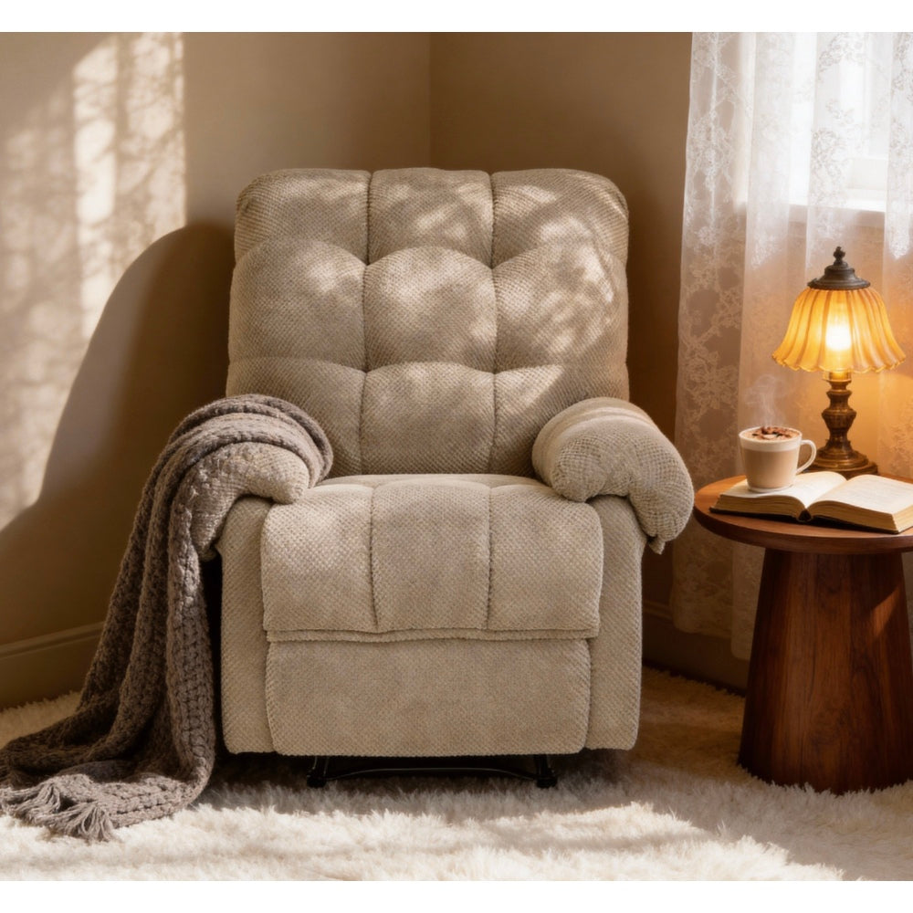 Camel Recliner Chair, Overstuffed Armchair with Padded Footrest, Manual Recliner for Living Room, Ergonomic Lounge Chair with Plush Armrests, Soft Fabric Home Theater Seating, Reading Chair, Camel
