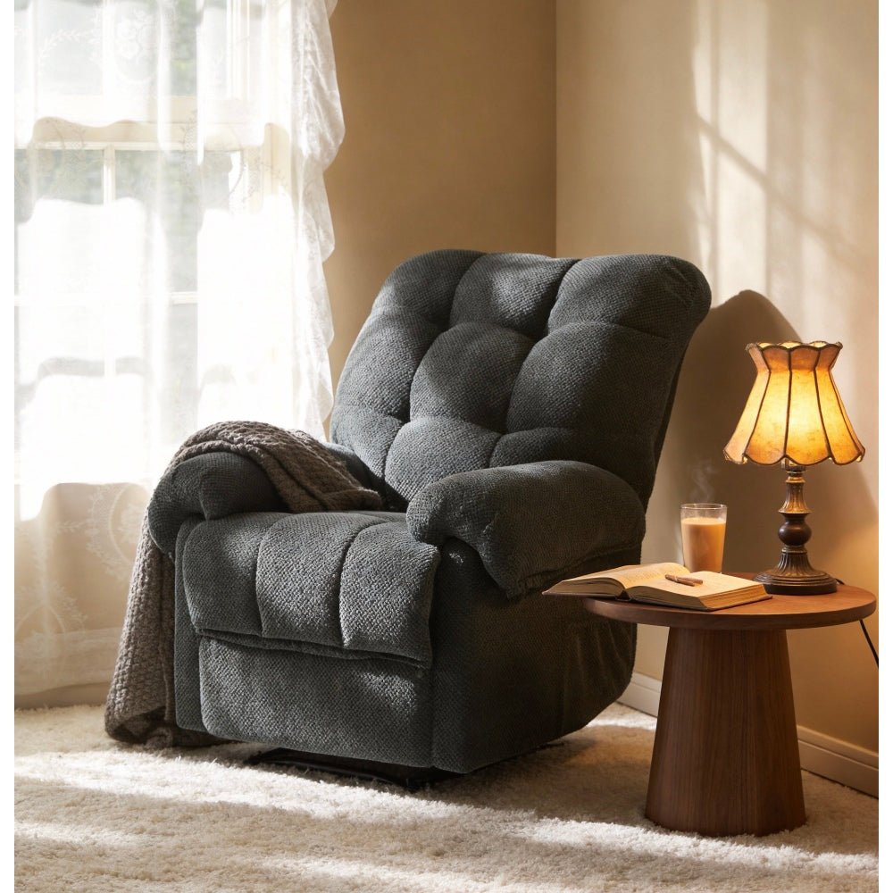 Dark Gray Manual Recliner Chair, Overstuffed Fabric Armchair with Padded Footrest, Ergonomic Lounge Chair for Living Room, Home Theater Seating, Reading Chair, Soft & Comfortable, Modern American Design