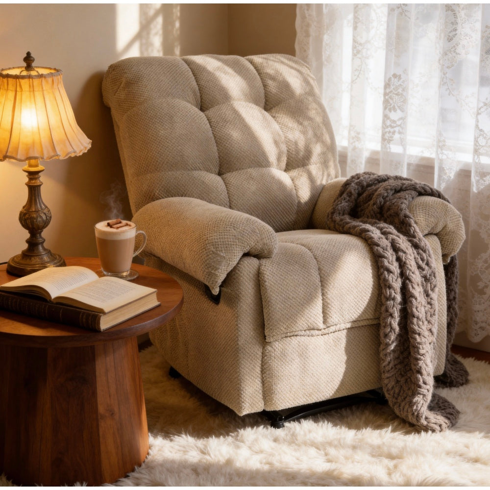 Camel Recliner Chair, Overstuffed Armchair with Padded Footrest, Manual Recliner for Living Room, Ergonomic Lounge Chair with Plush Armrests, Soft Fabric Home Theater Seating, Reading Chair, Camel