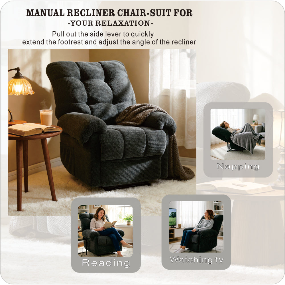 Dark Gray Manual Recliner Chair, Overstuffed Fabric Armchair with Padded Footrest, Ergonomic Lounge Chair for Living Room, Home Theater Seating, Reading Chair, Soft & Comfortable, Modern American Design