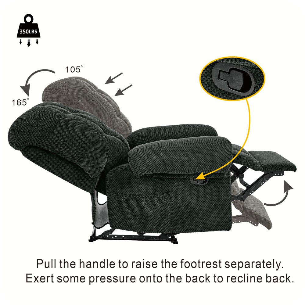 Dark Gray Manual Recliner Chair, Overstuffed Fabric Armchair with Padded Footrest, Ergonomic Lounge Chair for Living Room, Home Theater Seating, Reading Chair, Soft & Comfortable, Modern American Design
