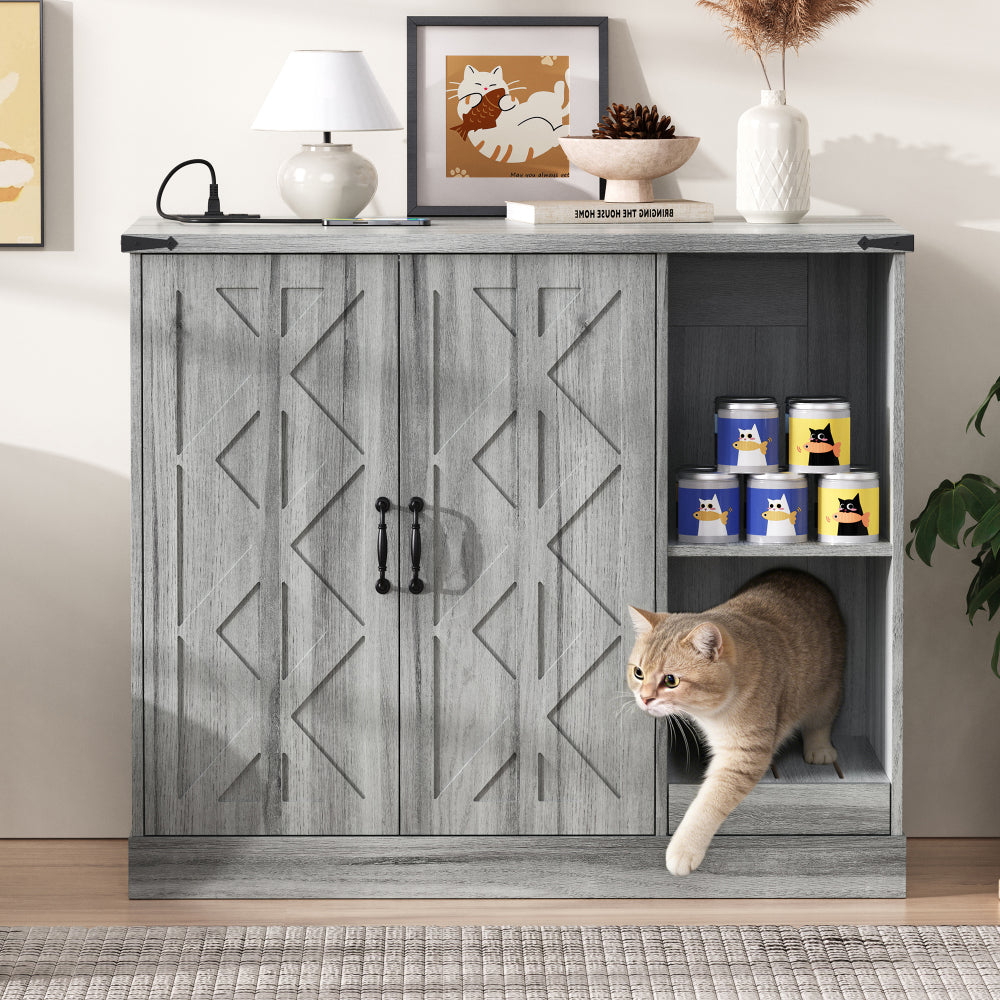 Cat Litter Box Cabinet with Power Outlet, 41.34 in Large Hidden Litter Box Furniture for Automatic Cleaners, Modern Enclosure with Litter Catcher and Storage Shelves, Grey