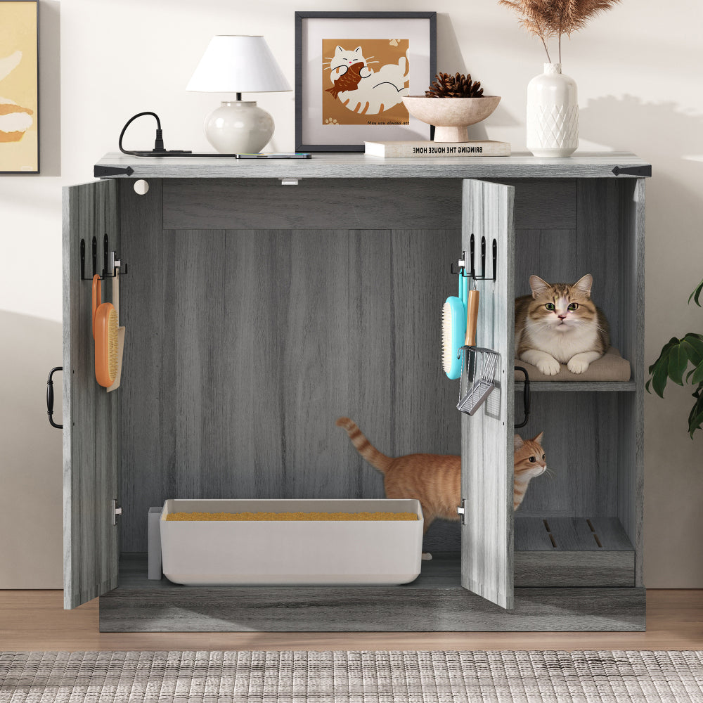 Cat Litter Box Cabinet with Power Outlet, 41.34 in Large Hidden Litter Box Furniture for Automatic Cleaners, Modern Enclosure with Litter Catcher and Storage Shelves, Grey
