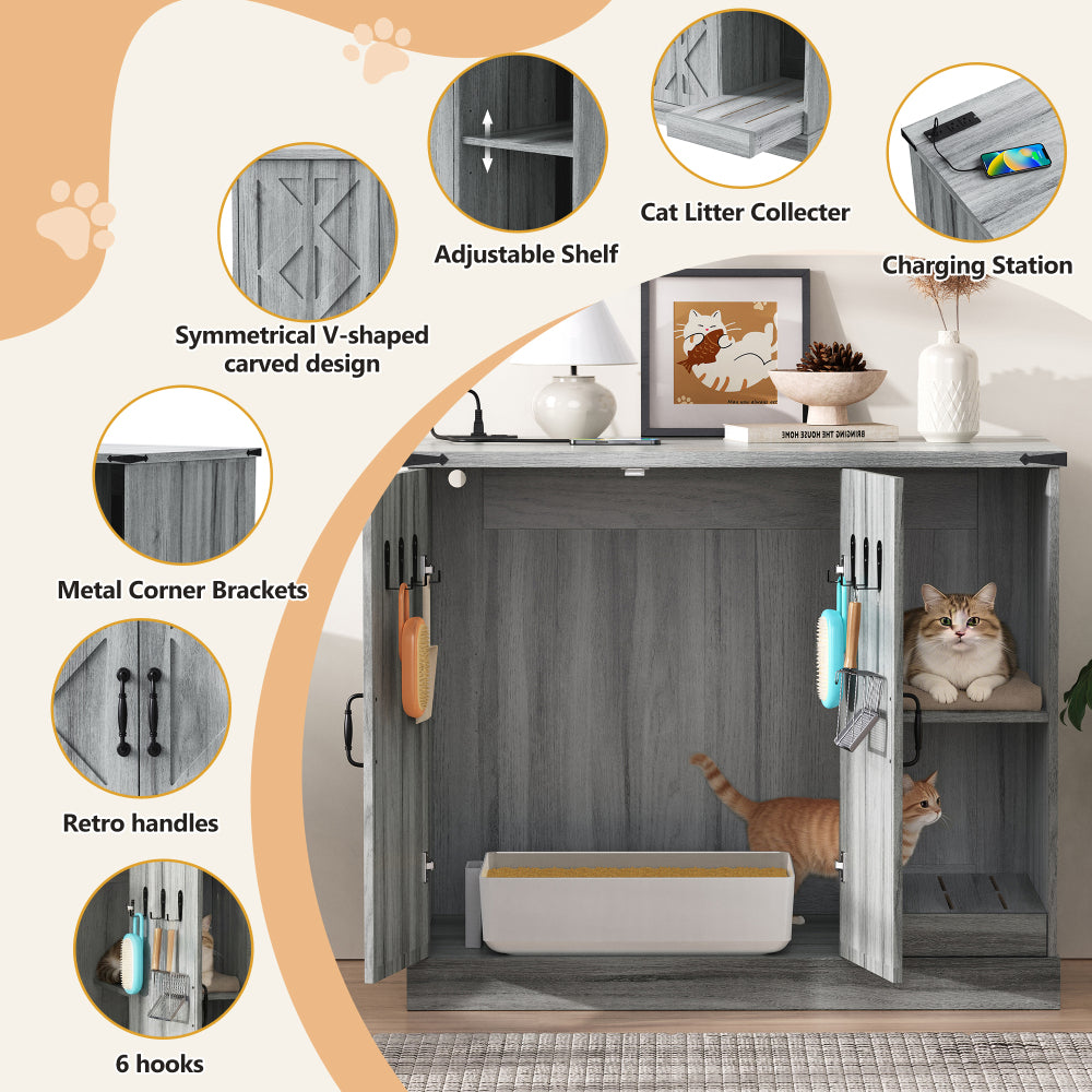 Cat Litter Box Cabinet with Power Outlet, 41.34 in Large Hidden Litter Box Furniture for Automatic Cleaners, Modern Enclosure with Litter Catcher and Storage Shelves, Grey