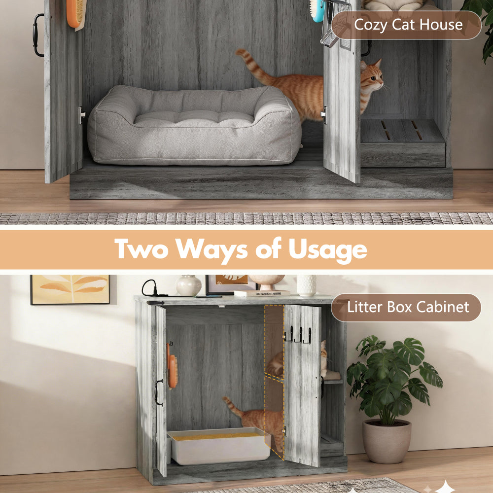 Cat Litter Box Cabinet with Power Outlet, 41.34 in Large Hidden Litter Box Furniture for Automatic Cleaners, Modern Enclosure with Litter Catcher and Storage Shelves, Grey