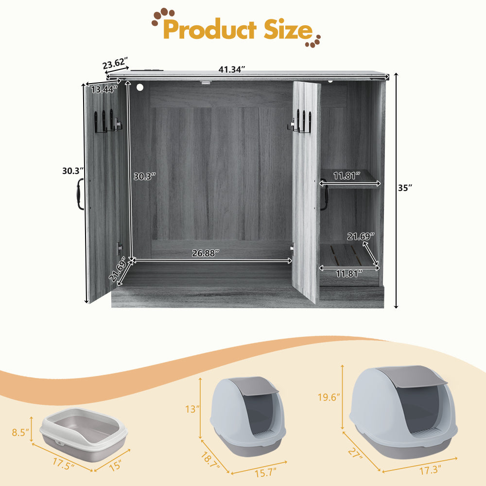 Cat Litter Box Cabinet with Power Outlet, 41.34 in Large Hidden Litter Box Furniture for Automatic Cleaners, Modern Enclosure with Litter Catcher and Storage Shelves, Grey