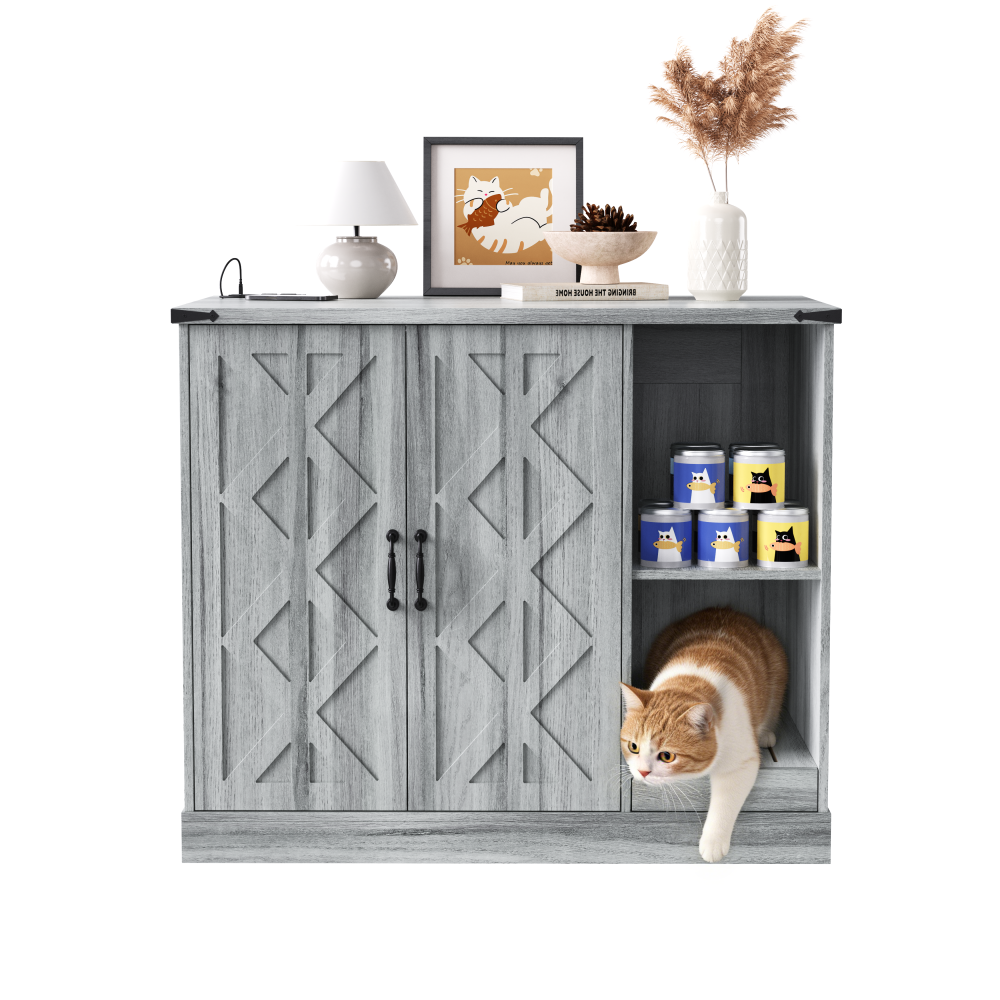 Cat Litter Box Cabinet with Power Outlet, 41.34 in Large Hidden Litter Box Furniture for Automatic Cleaners, Modern Enclosure with Litter Catcher and Storage Shelves, Grey