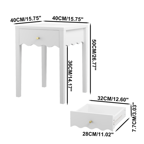 White Nightstand with Drawer, Modern Bedside Table with Wavy Apron Design, Compact End Table for Bedroom Living Room, Small Side Table with Storage