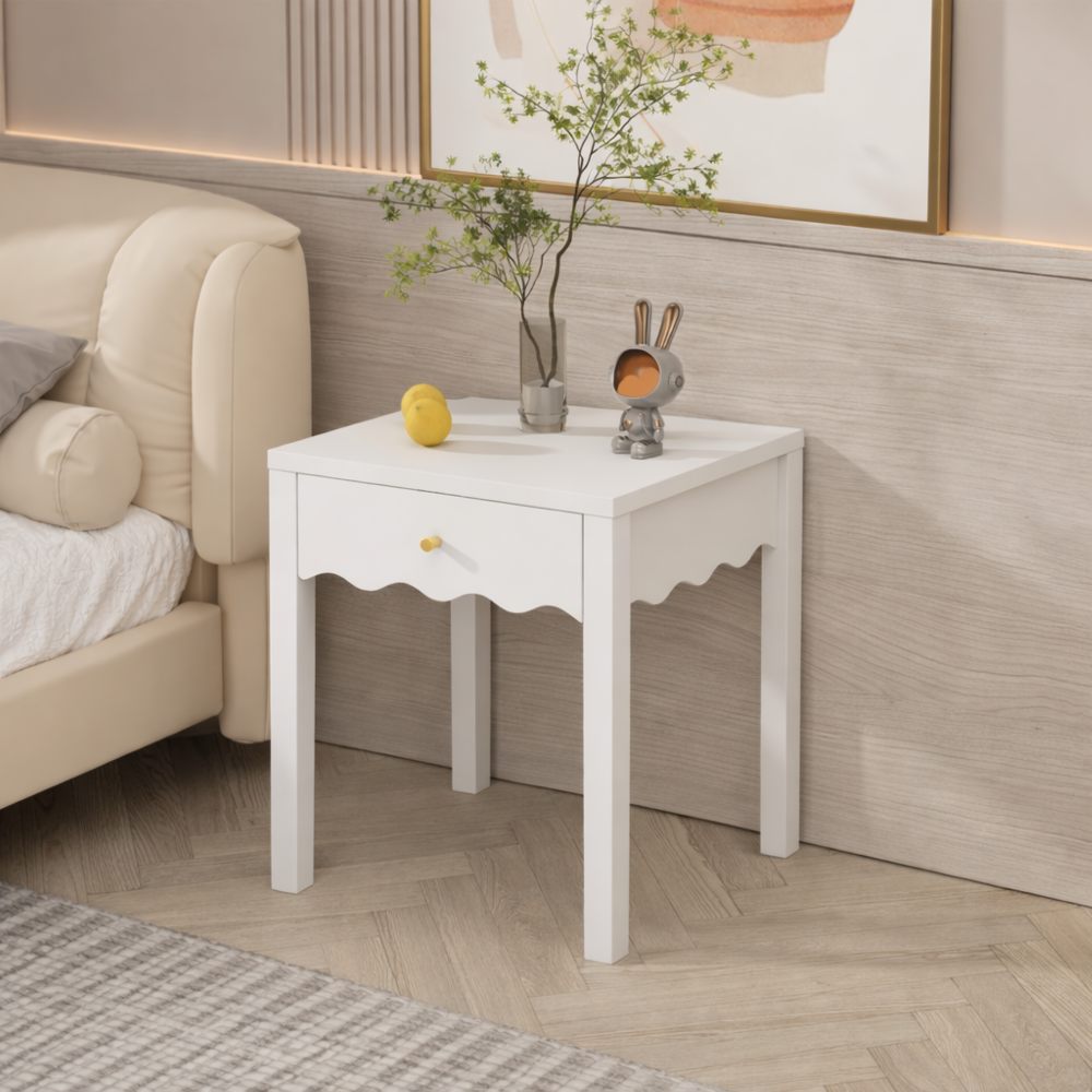 White Nightstand with Drawer, Modern Bedside Table with Wavy Apron Design, Compact End Table for Bedroom Living Room, Small Side Table with Storage