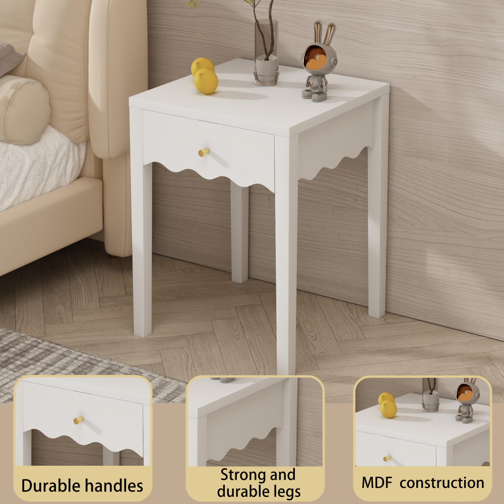 White Nightstand with Drawer, Modern Bedside Table with Wavy Apron Design, Compact End Table for Bedroom Living Room, Small Side Table with Storage