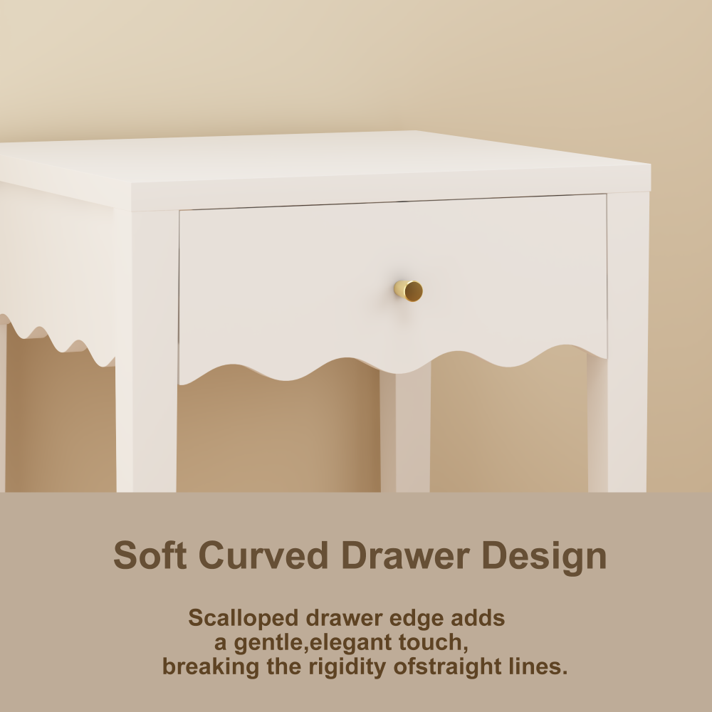 White Nightstand with Drawer, Modern Bedside Table with Wavy Apron Design, Compact End Table for Bedroom Living Room, Small Side Table with Storage