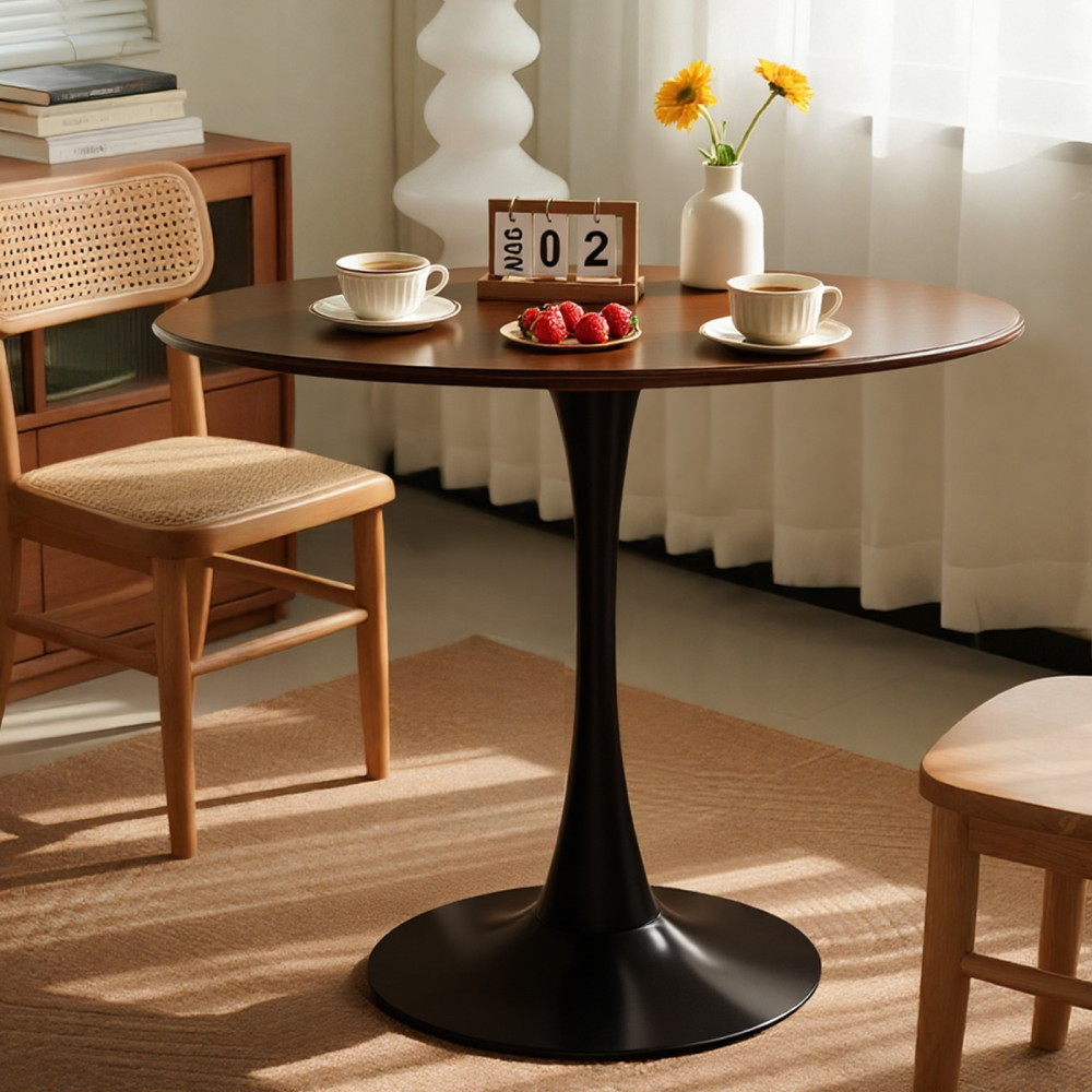 Light Luxury Walnut Wood Round Table 24 Inch Small Dining Table Tulip Steel Base Modern Medieval MDF Side Table Mid Century Coffee Table for Kitchen Living Room Bedroom, Natural Wood