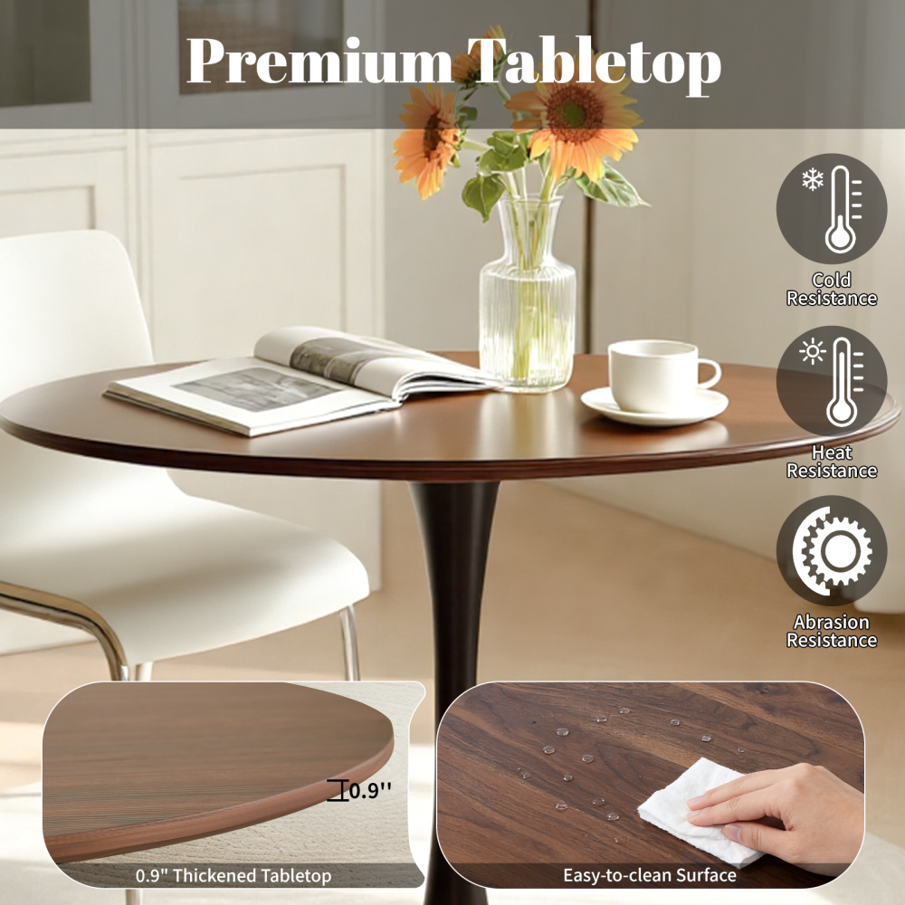 Light Luxury Walnut Wood Round Table 24 Inch Small Dining Table Tulip Steel Base Modern Medieval MDF Side Table Mid Century Coffee Table for Kitchen Living Room Bedroom, Natural Wood