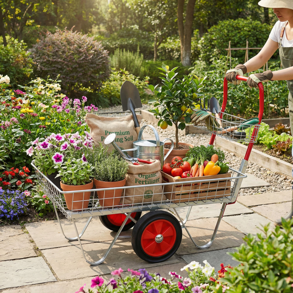 Heavy Duty Garden Cart, 330lbs Capacity Utility Wagon Rolling Yard Cart with 11" Wheels, Galvanized Steel Garden Trolley for Outdoor Patio Lawn, Gardening Tools Storage