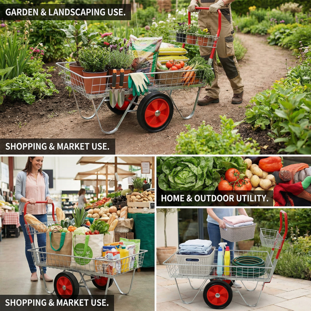Heavy Duty Garden Cart, 330lbs Capacity Utility Wagon Rolling Yard Cart with 11" Wheels, Galvanized Steel Garden Trolley for Outdoor Patio Lawn, Gardening Tools Storage