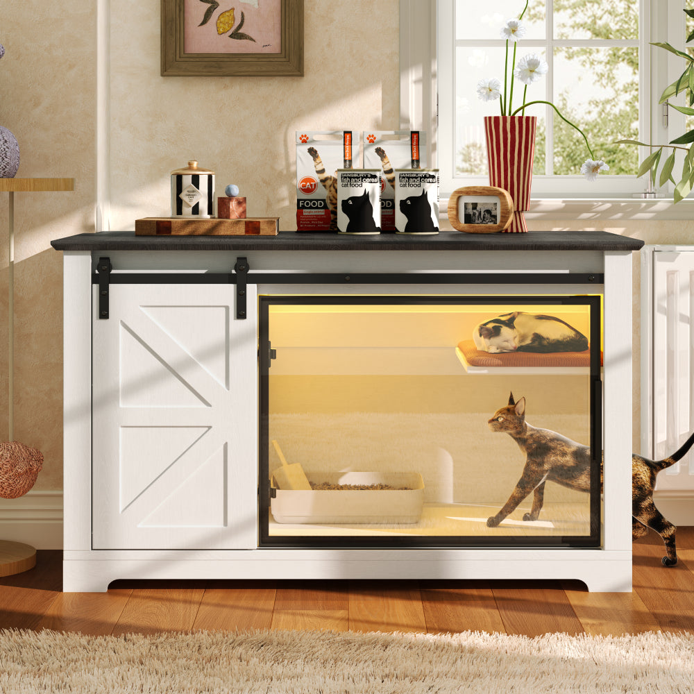 crylic Door Cat Cabienet with LED Light, Cat Washroom Furniture with Storage Cabinet, Cat House Nightstand,White
