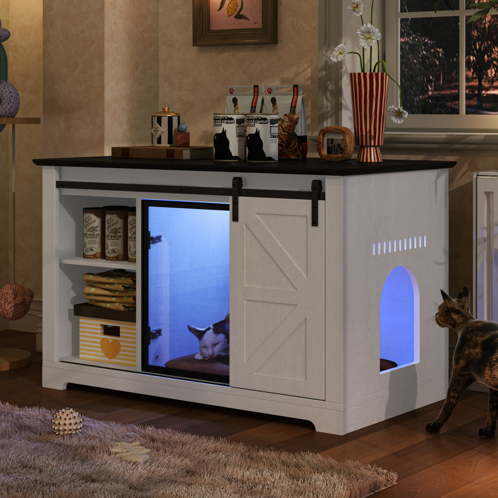 crylic Door Cat Cabienet with LED Light, Cat Washroom Furniture with Storage Cabinet, Cat House Nightstand,White