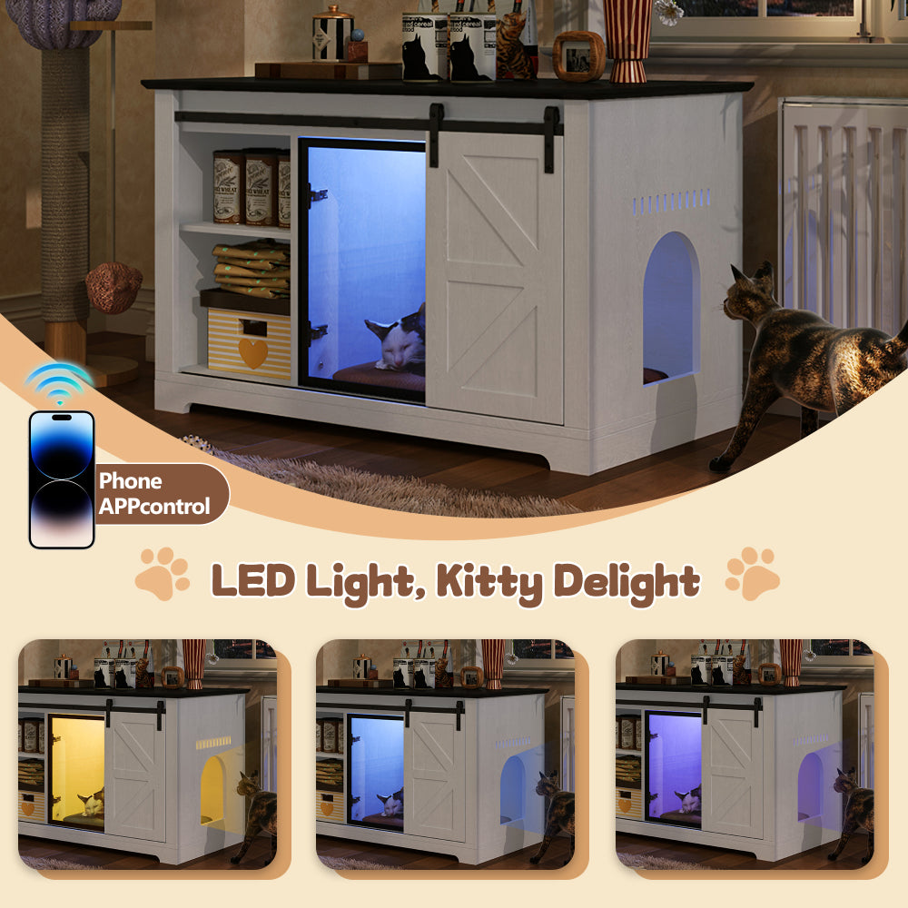 crylic Door Cat Cabienet with LED Light, Cat Washroom Furniture with Storage Cabinet, Cat House Nightstand,White