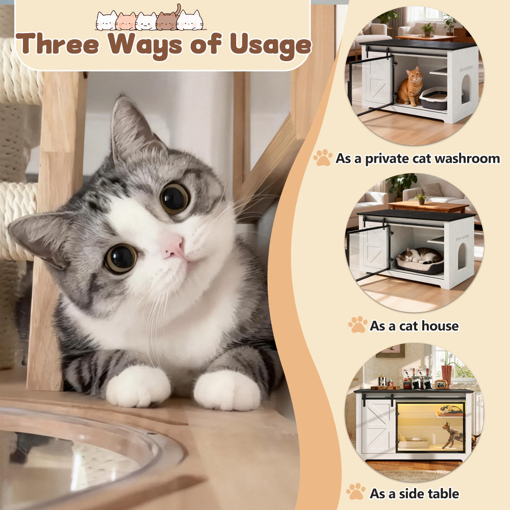 crylic Door Cat Cabienet with LED Light, Cat Washroom Furniture with Storage Cabinet, Cat House Nightstand,White