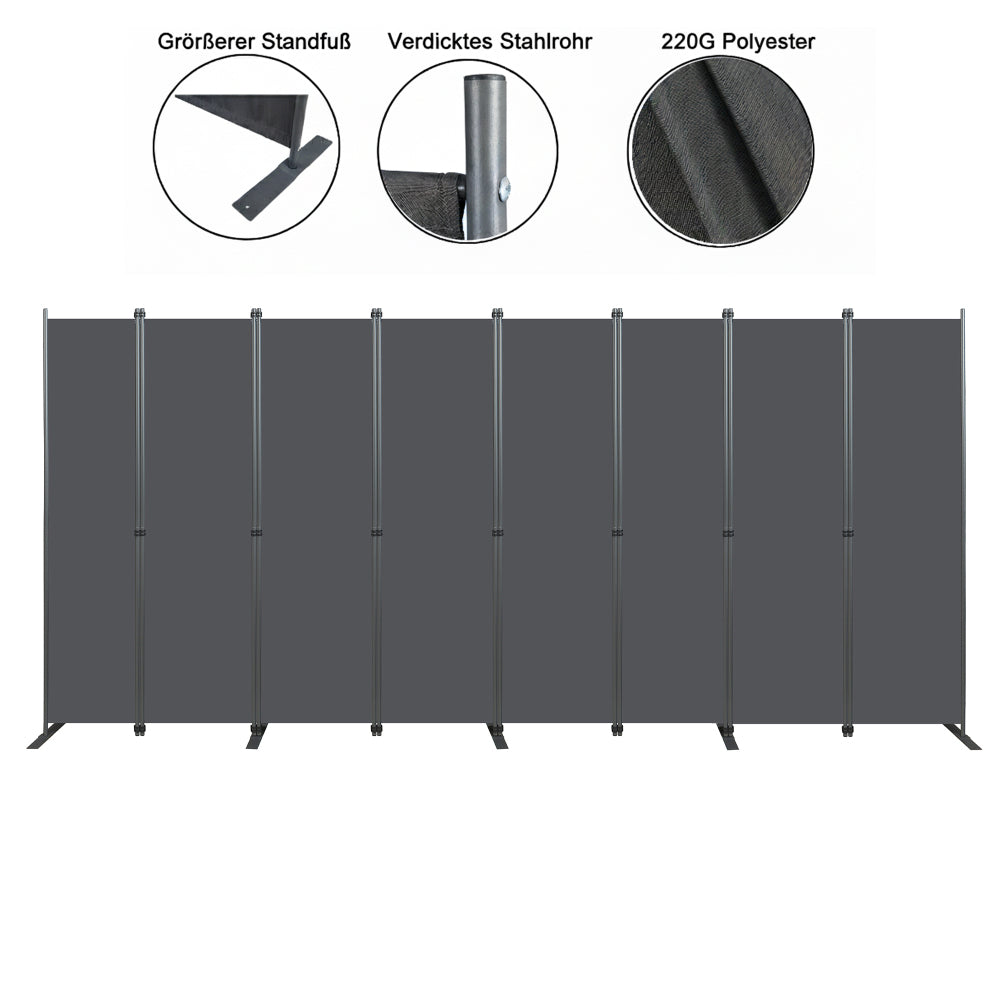 Room Divider 8-Panel, 159" W × 71" H Freestanding Folding Privacy Screen, Heavy-Duty Metal Frame & Polyester Fabric, Portable Partition for Bedroom, Office, Living Room, Black Gray