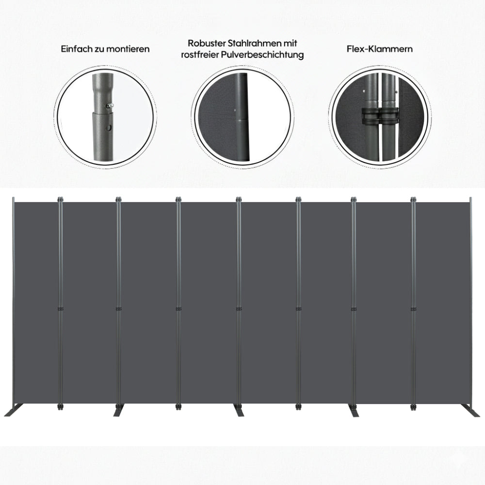 Room Divider 8-Panel, 159" W × 71" H Freestanding Folding Privacy Screen, Heavy-Duty Metal Frame & Polyester Fabric, Portable Partition for Bedroom, Office, Living Room, Black Gray