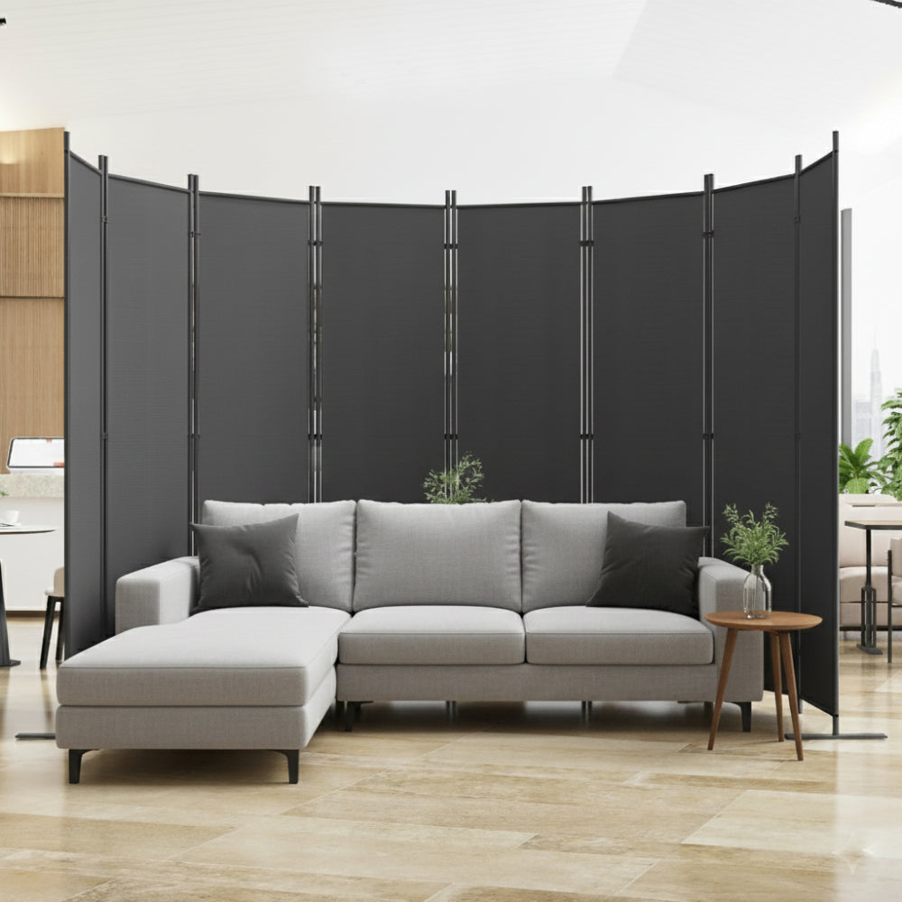 Room Divider 8-Panel, 159" W × 71" H Freestanding Folding Privacy Screen, Heavy-Duty Metal Frame & Polyester Fabric, Portable Partition for Bedroom, Office, Living Room, Black Gray