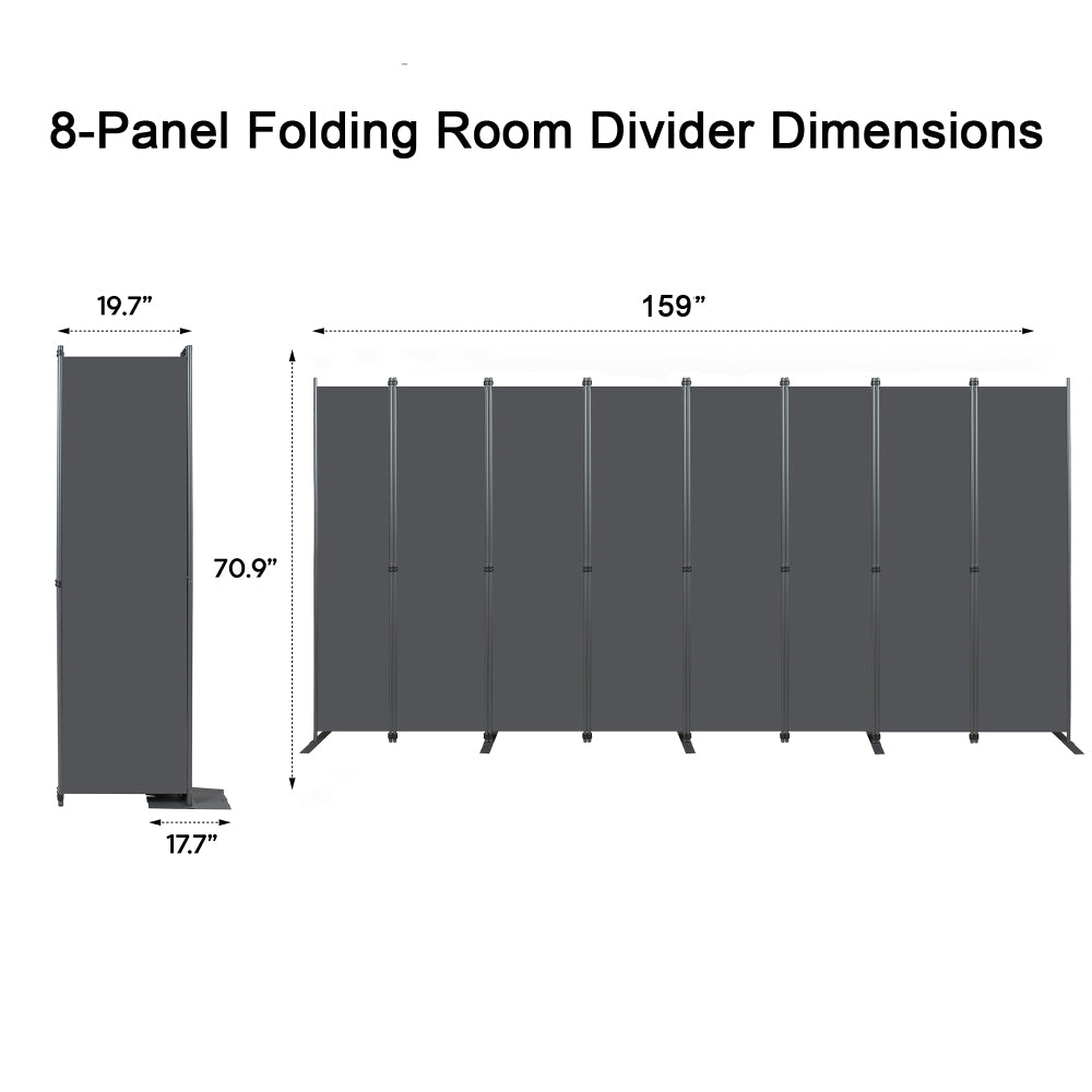 Room Divider 8-Panel, 159" W × 71" H Freestanding Folding Privacy Screen, Heavy-Duty Metal Frame & Polyester Fabric, Portable Partition for Bedroom, Office, Living Room, Black Gray