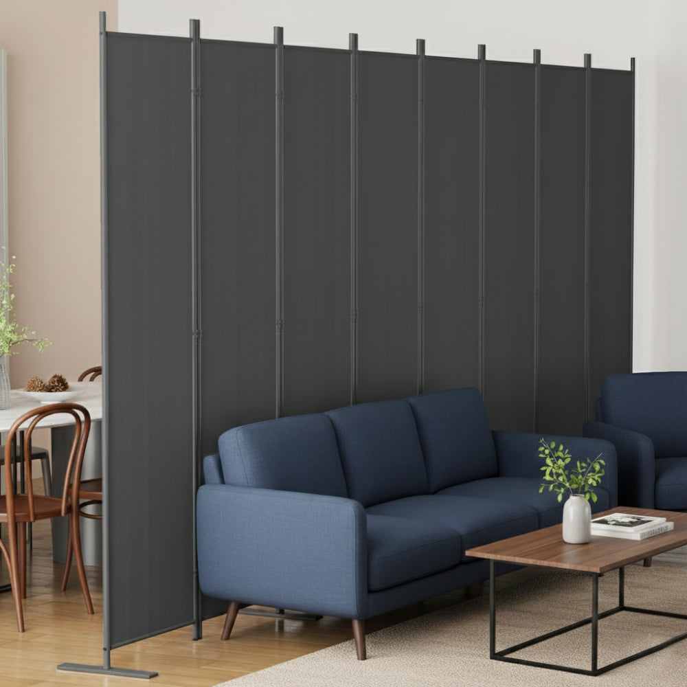 Room Divider 8-Panel, 159" W × 71" H Freestanding Folding Privacy Screen, Heavy-Duty Metal Frame & Polyester Fabric, Portable Partition for Bedroom, Office, Living Room, Black Gray